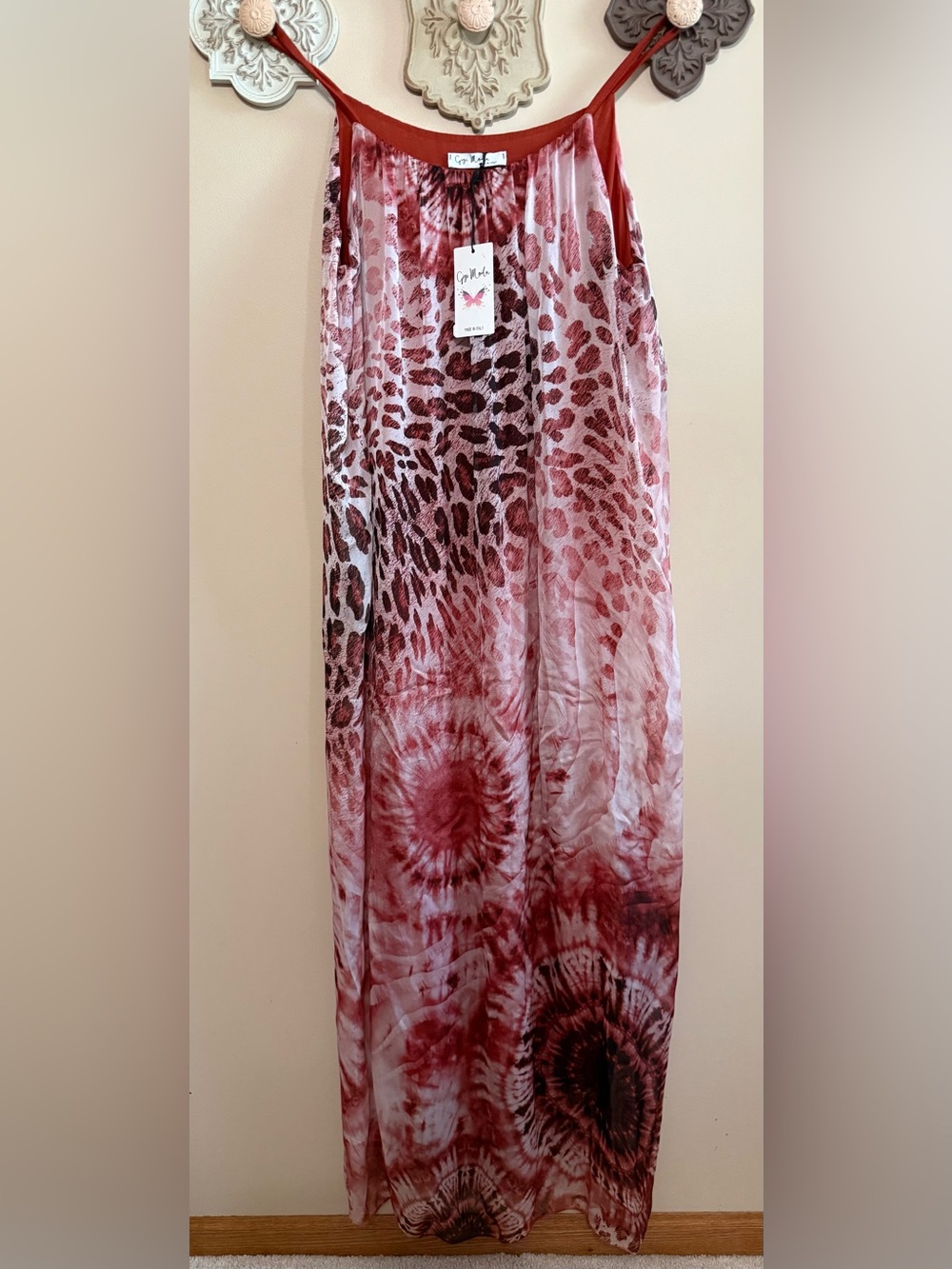 NWT Gigi Moda Boho Red Tie-Dye & Leopard Maxi Dress Handmade in Italy